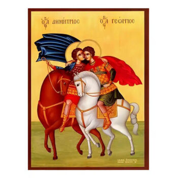 Εικόνα Ορθοδοξίας με περίγραμμα χρυσό σε ξύλο Φλαμουρίας  με  βάση Εικόνα Άγιοι Γεώργιος και Δημήτριος Χειροποίητη Ελληνορθόδοξη , Κρεμαστή πλάκα βυζαντινής τέχνης, χριστιανική τέχνη Διάσταση 45x35 cm (17,7 x 13,8 ίντσες) INTRAEK-6294671158 - Image 1