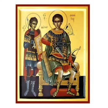 Εικόνα Ορθοδοξίας με περίγραμμα χρυσό σε ξύλο Φλαμουρίας  με  βάση Εικόνα Άγιοι Δημήτριος και Νέστωρ Χειροποίητη Ελληνορθόδοξη , Κρεμαστή πλάκα βυζαντινής τέχνης, χριστιανική τέχνη Διάσταση 45x35 cm (17,7 x 13,8 ίντσες) INTRAEK-6294671155 - Image 1