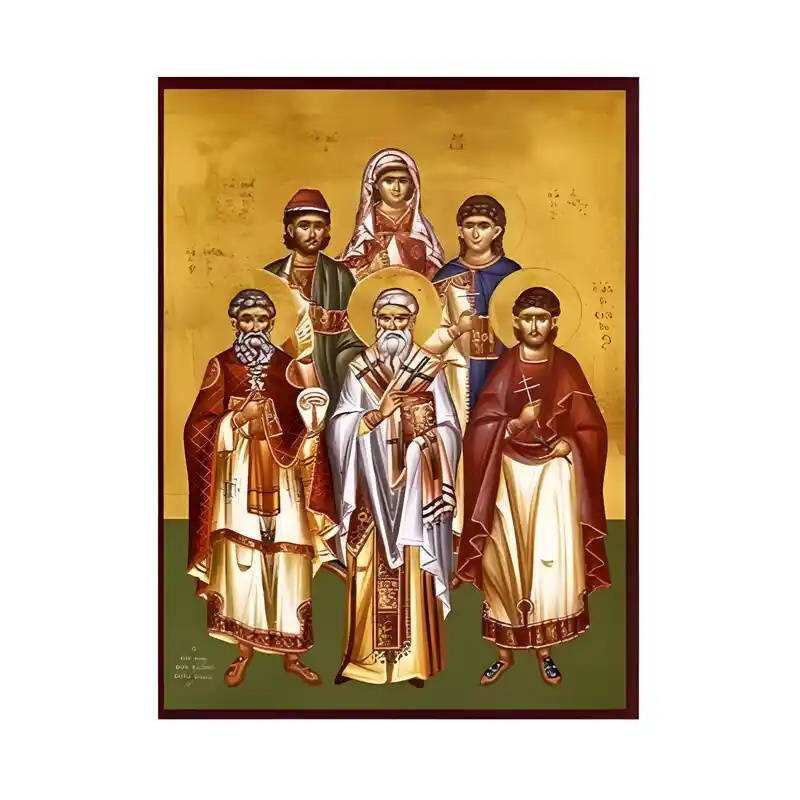 Εικόνα Ορθοδοξίας με περίγραμμα χρυσό σε ξύλο Φλαμουρίας  με  βάση Εικόνα Άγιοι Ευστράτιος, Αυξέντιος, Ευγένιος, Μαρδάριος, Ορέστης, Μάρτυρες Σεβαστείας και Λουκία Χειροποίητη Ελληνορθόδοξη , Κρεμαστή πλάκα βυζαντινής τέχνης, χριστιανική τέχνη Διάσταση 45x35 cm (17,7 x 13,8 ίντσες) INTRAEK-6294671150