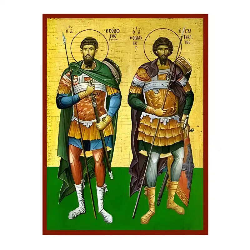Εικόνα Ορθοδοξίας με περίγραμμα χρυσό σε ξύλο Φλαμουρίας  με  βάση Εικόνα Άγιοι Θεόδωροι, Τήρων και Στρατηλάτης Χειροποίητη Ελληνορθόδοξη , Κρεμαστή πλάκα βυζαντινής τέχνης, χριστιανική τέχνη Διάσταση 45x35 cm (17,7 x 13,8 ίντσες) INTRAEK-6294671147