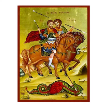 Εικόνα Ορθοδοξίας με περίγραμμα χρυσό σε ξύλο Φλαμουρίας  με  βάση Εικόνα Άγιοι Θεόδωροι, Τήρων και Στρατηλάτης Χειροποίητη Ελληνορθόδοξη , Κρεμαστή πλάκα βυζαντινής τέχνης, χριστιανική τέχνη Διάσταση 45x35 cm (17,7 x 13,8 ίντσες) INTRAEK-6294671146 - Image 1