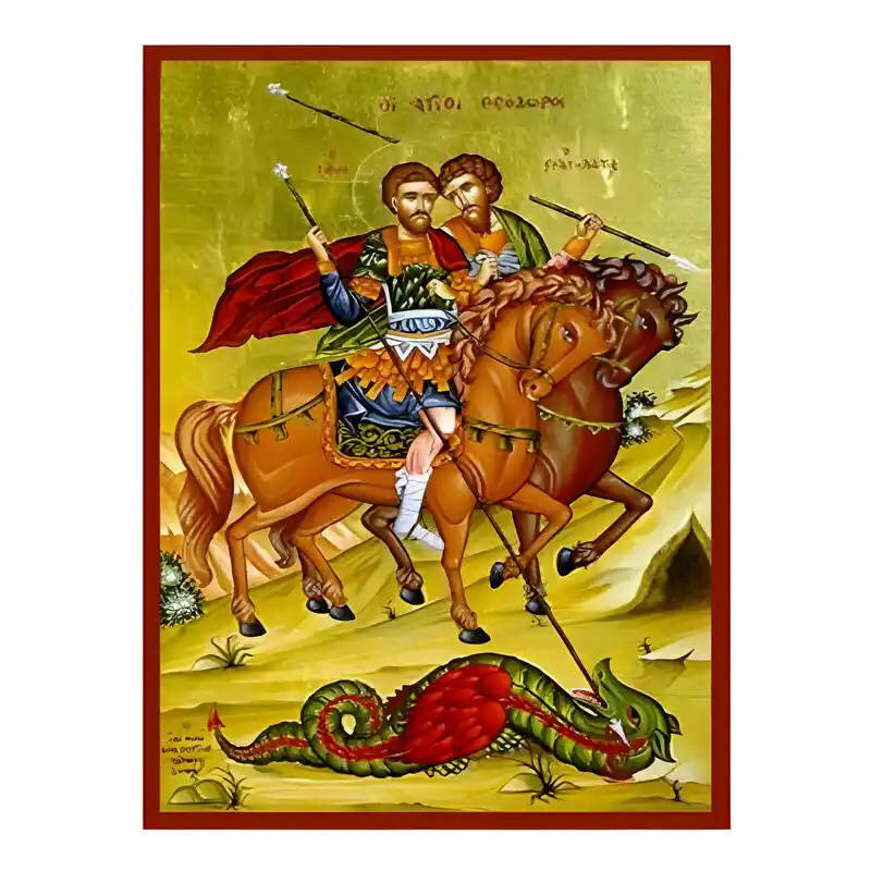 Εικόνα Ορθοδοξίας με περίγραμμα χρυσό σε ξύλο Φλαμουρίας  με  βάση Εικόνα Άγιοι Θεόδωροι, Τήρων και Στρατηλάτης Χειροποίητη Ελληνορθόδοξη , Κρεμαστή πλάκα βυζαντινής τέχνης, χριστιανική τέχνη Διάσταση 45x35 cm (17,7 x 13,8 ίντσες) INTRAEK-6294671146