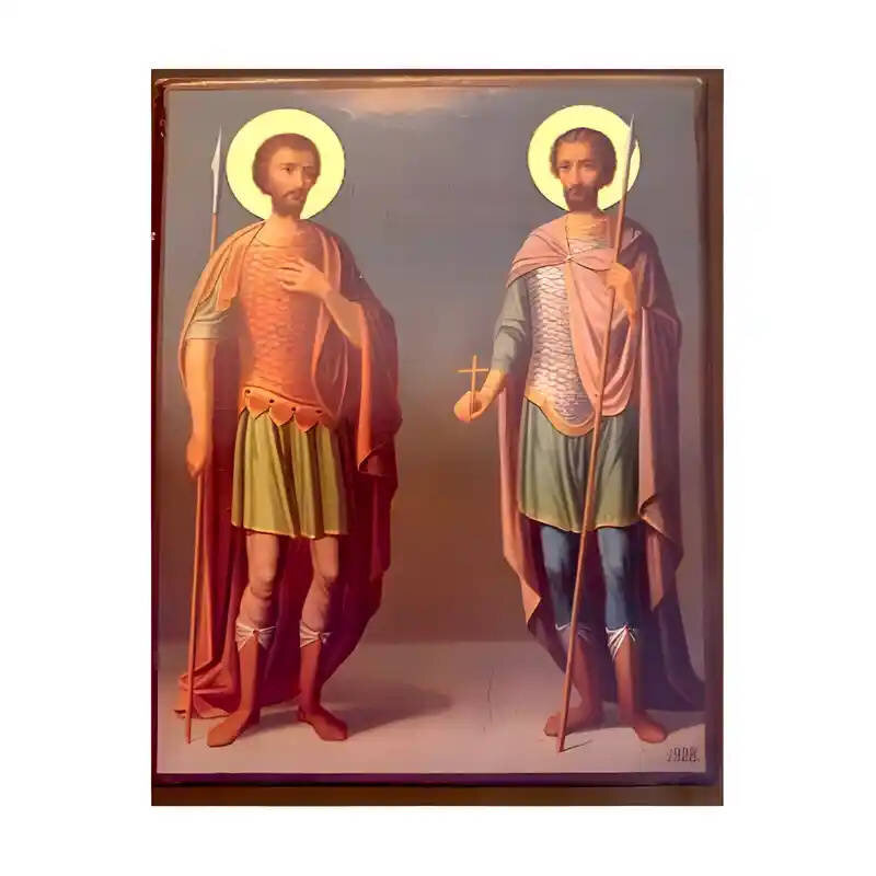 Εικόνα Ορθοδοξίας με περίγραμμα χρυσό σε ξύλο Φλαμουρίας  με  βάση Εικόνα Άγιοι Θεόδωροι, Τήρων και Στρατηλάτης Χειροποίητη Ελληνορθόδοξη , Κρεμαστή πλάκα βυζαντινής τέχνης, χριστιανική τέχνη Διάσταση 45x35 cm (17,7 x 13,8 ίντσες) INTRAEK-6294671145