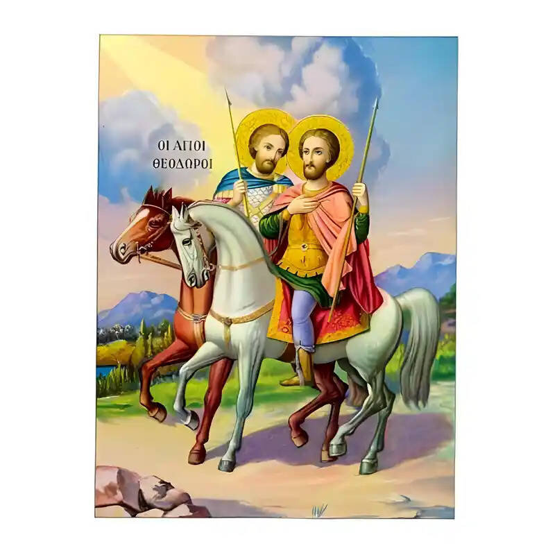 Εικόνα Ορθοδοξίας με περίγραμμα χρυσό σε ξύλο Φλαμουρίας  με  βάση Εικόνα Άγιοι Θεόδωροι, Τήρων και Στρατηλάτης Χειροποίητη Ελληνορθόδοξη , Κρεμαστή πλάκα βυζαντινής τέχνης, χριστιανική τέχνη Διάσταση 45x35 cm (17,7 x 13,8 ίντσες) INTRAEK-6294671144
