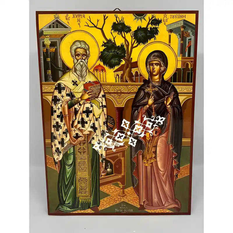 Εικόνα Ορθοδοξίας με περίγραμμα χρυσό σε ξύλο Φλαμουρίας  με  βάση Εικόνα Άγιοι Κυπριανός και Ιουστίνη Χειροποίητη Ελληνορθόδοξη , Κρεμαστή πλάκα βυζαντινής τέχνης, χριστιανική τέχνη Διάσταση 45x35 cm (17,7 x 13,8 ίντσες) INTRAEK-6294671133