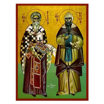 Εικόνα Ορθοδοξίας με περίγραμμα χρυσό σε ξύλο Φλαμουρίας  με  βάση Εικόνα Άγιοι Κύριλλος και Μεθόδιος Χειροποίητη Ελληνορθόδοξη , Κρεμαστή πλάκα βυζαντινής τέχνης, χριστιανική τέχνη Διάσταση 45x35 cm (17,7 x 13,8 ίντσες) INTRAEK-6294671064 - Image 1