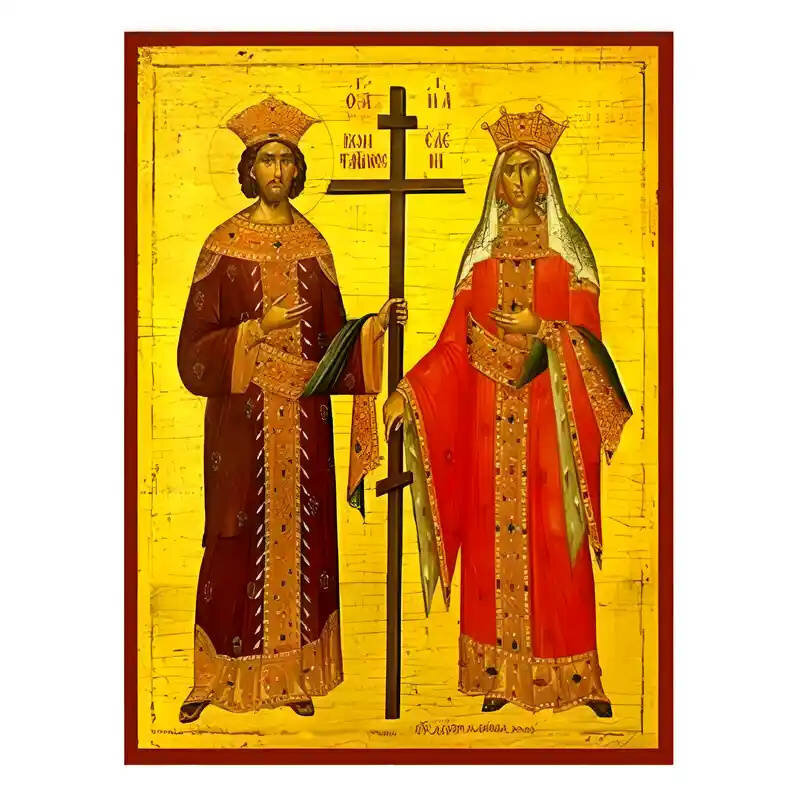 Εικόνα Ορθοδοξίας με περίγραμμα χρυσό σε ξύλο Φλαμουρίας  με  βάση Εικόνα Άγιοι Κωνσταντίνος και Ελένη Χειροποίητη Ελληνορθόδοξη , Κρεμαστή πλάκα βυζαντινής τέχνης, χριστιανική τέχνη Διάσταση 45x35 cm (17,7 x 13,8 ίντσες) INTRAEK-6294671131