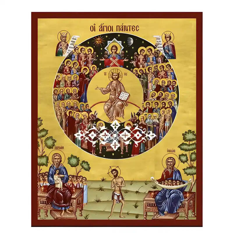 Εικόνα Ορθοδοξίας με περίγραμμα χρυσό σε ξύλο Φλαμουρίας  με  βάση Εικόνα Άγιοι Πάντες Χειροποίητη Ελληνορθόδοξη , Κρεμαστή πλάκα βυζαντινής τέχνης, χριστιανική τέχνη Διάσταση 45x35 cm (17,7 x 13,8 ίντσες) INTRAEK-6294671113