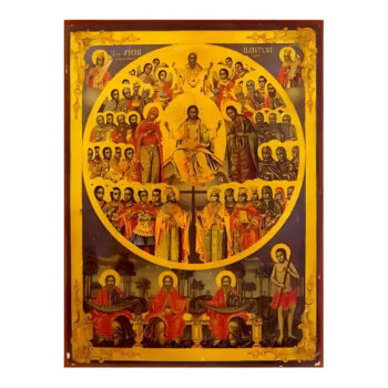 Εικόνα Ορθοδοξίας με περίγραμμα χρυσό σε ξύλο Φλαμουρίας  με  βάση Εικόνα Άγιοι Πάντες Χειροποίητη Ελληνορθόδοξη , Κρεμαστή πλάκα βυζαντινής τέχνης, χριστιανική τέχνη Διάσταση 45x35 cm (17,7 x 13,8 ίντσες) INTRAEK-6294671112 - Image 1