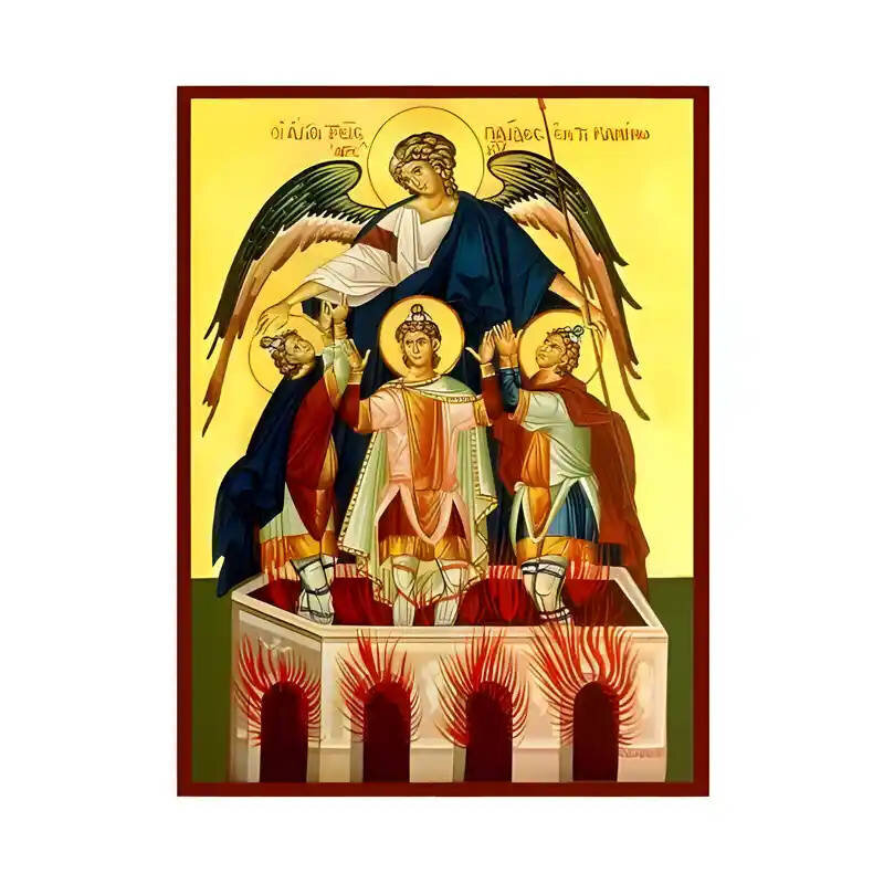 Εικόνα Ορθοδοξίας με περίγραμμα χρυσό σε ξύλο Φλαμουρίας  με  βάση Εικόνα Άγιοι τρεις Παίδες εν Καμίνω Χειροποίητη Ελληνορθόδοξη , Κρεμαστή πλάκα βυζαντινής τέχνης, χριστιανική τέχνη Διάσταση 45x35 cm (17,7 x 13,8 ίντσες) INTRAEK-6294671099
