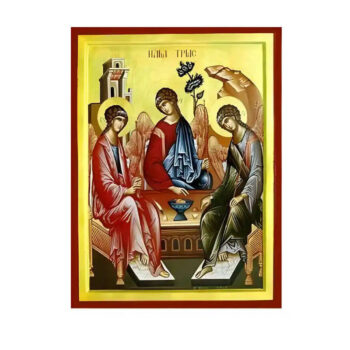 Εικόνα Ορθοδοξίας με περίγραμμα χρυσό σε ξύλο Φλαμουρίας  με  βάση Εικόνα Αγία Τριάδα - Τρεις Άγγελοι εκ της φιλοξενίας του Αβραάμ Χειροποίητη Ελληνορθόδοξη , Κρεμαστή πλάκα βυζαντινής τέχνης, χριστιανική τέχνη Διάσταση 45x35 cm (17,7 x 13,8 ίντσες) INTRAEK-6294670858 - Image 1