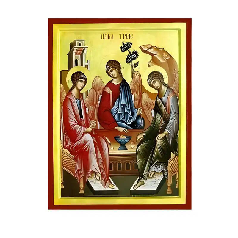 Εικόνα Ορθοδοξίας με περίγραμμα χρυσό σε ξύλο Φλαμουρίας  με  βάση Εικόνα Αγία Τριάδα - Τρεις Άγγελοι εκ της φιλοξενίας του Αβραάμ Χειροποίητη Ελληνορθόδοξη , Κρεμαστή πλάκα βυζαντινής τέχνης, χριστιανική τέχνη Διάσταση 45x35 cm (17,7 x 13,8 ίντσες) INTRAEK-6294670858