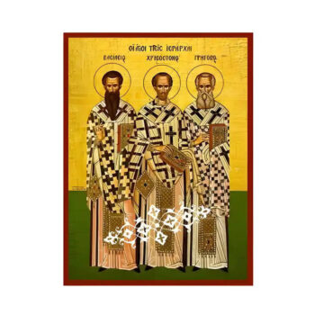 Εικόνα Ορθοδοξίας με περίγραμμα χρυσό σε ξύλο Φλαμουρίας  με  βάση Εικόνα Άγιοι Τρείς Ιεράρχες Χειροποίητη Ελληνορθόδοξη , Κρεμαστή πλάκα βυζαντινής τέχνης, χριστιανική τέχνη Διάσταση 45x35 cm (17,7 x 13,8 ίντσες) INTRAEK-6294671063 - Image 1