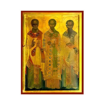 Εικόνα Ορθοδοξίας με περίγραμμα χρυσό σε ξύλο Φλαμουρίας  με  βάση Εικόνα Άγιοι Τρείς Ιεράρχες Χειροποίητη Ελληνορθόδοξη , Κρεμαστή πλάκα βυζαντινής τέχνης, χριστιανική τέχνη Διάσταση 45x35 cm (17,7 x 13,8 ίντσες) INTRAEK-6294671062 - Image 1