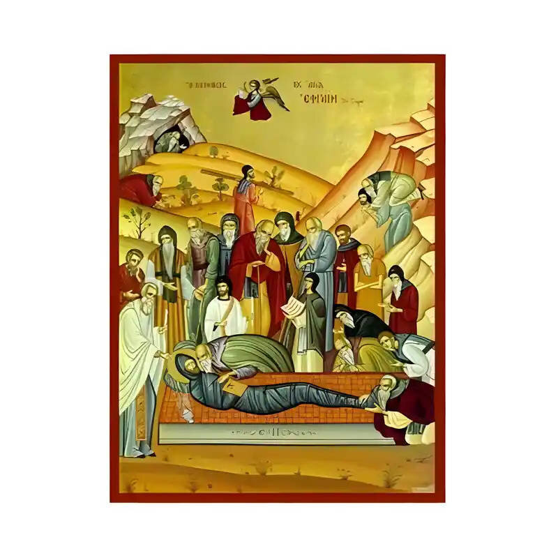 Εικόνα Ορθοδοξίας με περίγραμμα χρυσό σε ξύλο Φλαμουρίας  με  βάση Εικόνα Άγιος Εφραίμ ο Σύρος, η Κοίμηση Χειροποίητη Ελληνορθόδοξη , Κρεμαστή πλάκα βυζαντινής τέχνης, χριστιανική τέχνη Διάσταση 45x35 cm (17,7 x 13,8 ίντσες) INTRAEK-6294671060