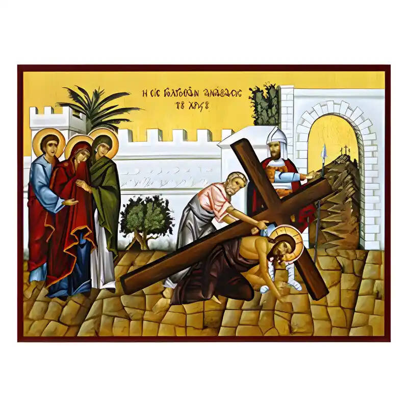 Εικόνα Ορθοδοξίας με περίγραμμα χρυσό σε ξύλο Φλαμουρίας  με  βάση Εικόνα Ανάβαση Κυρίου στο Γολγοθά Χειροποίητη Ελληνορθόδοξη , Κρεμαστή πλάκα βυζαντινής τέχνης, χριστιανική τέχνη Διάσταση 45x35 cm (17,7 x 13,8 ίντσες) INTRAEK-6294671049