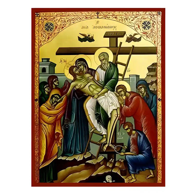 Εικόνα Ορθοδοξίας με περίγραμμα χρυσό σε ξύλο Φλαμουρίας  με  βάση Εικόνα Αποκαθήλωση του Χριστού Χειροποίητη Ελληνορθόδοξη , Κρεμαστή πλάκα βυζαντινής τέχνης, χριστιανική τέχνη Διάσταση 45x35 cm (17,7 x 13,8 ίντσες) INTRAEK-6294671028