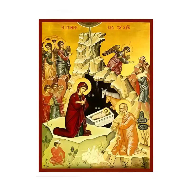 Εικόνα Ορθοδοξίας με περίγραμμα χρυσό σε ξύλο Φλαμουρίας  με  βάση Εικόνα Γέννηση του Χριστού Χειροποίητη Ελληνορθόδοξη , Κρεμαστή πλάκα βυζαντινής τέχνης, χριστιανική τέχνη Διάσταση 45x35 cm (17,7 x 13,8 ίντσες) INTRAEK-6294671010