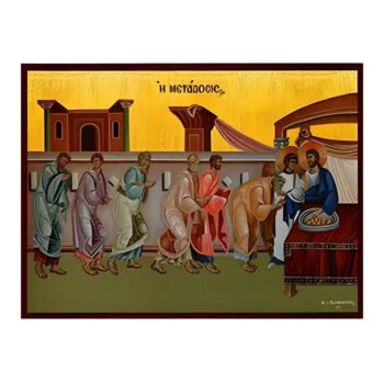 Εικόνα Ορθοδοξίας με περίγραμμα χρυσό σε ξύλο Φλαμουρίας  με  βάση Εικόνα Θεία Μετάδοση του Άρτου Χειροποίητη Ελληνορθόδοξη , Κρεμαστή πλάκα βυζαντινής τέχνης, χριστιανική τέχνη Διάσταση 45x35 cm (17,7 x 13,8 ίντσες) INTRAEK-6294670982 - Image 1