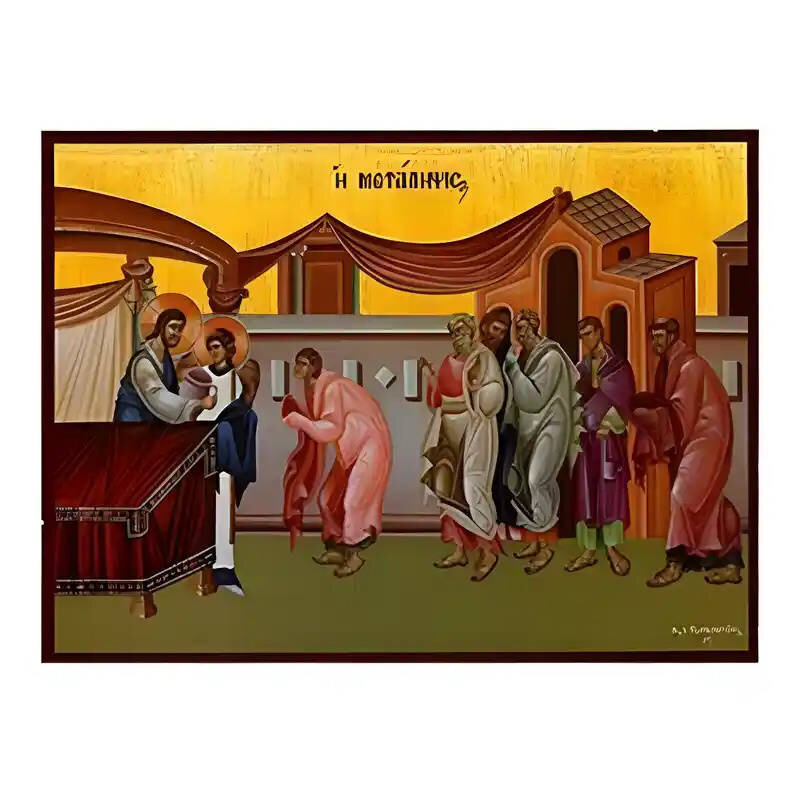 Εικόνα Ορθοδοξίας με περίγραμμα χρυσό σε ξύλο Φλαμουρίας  με  βάση Εικόνα Θεία Μετάληψη του Οίνου Χειροποίητη Ελληνορθόδοξη , Κρεμαστή πλάκα βυζαντινής τέχνης, χριστιανική τέχνη Διάσταση 45x35 cm (17,7 x 13,8 ίντσες) INTRAEK-6294670807
