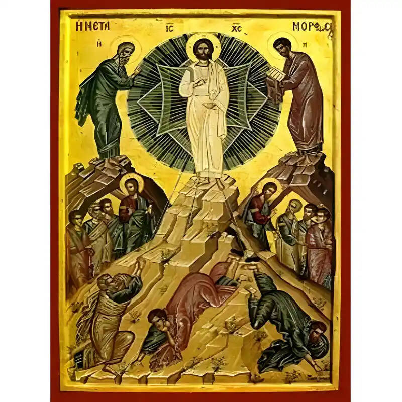 Εικόνα Ορθοδοξίας με περίγραμμα χρυσό σε ξύλο Φλαμουρίας  με  βάση Εικόνα Μεταμόρφωση του Χριστού Χειροποίητη Ελληνορθόδοξη , Κρεμαστή πλάκα βυζαντινής τέχνης, χριστιανική τέχνη Διάσταση 45x35 cm (17,7 x 13,8 ίντσες) INTRAEK-6294670802