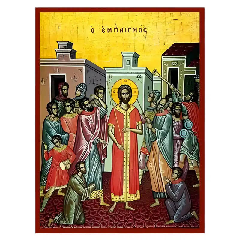 Εικόνα Ορθοδοξίας με περίγραμμα χρυσό σε ξύλο Φλαμουρίας  με  βάση Εικόνα Ο εμπαιγμός του Ιησού Χειροποίητη Ελληνορθόδοξη , Κρεμαστή πλάκα βυζαντινής τέχνης, χριστιανική τέχνη Διάσταση 45x35 cm (17,7 x 13,8 ίντσες) INTRAEK-6294670801