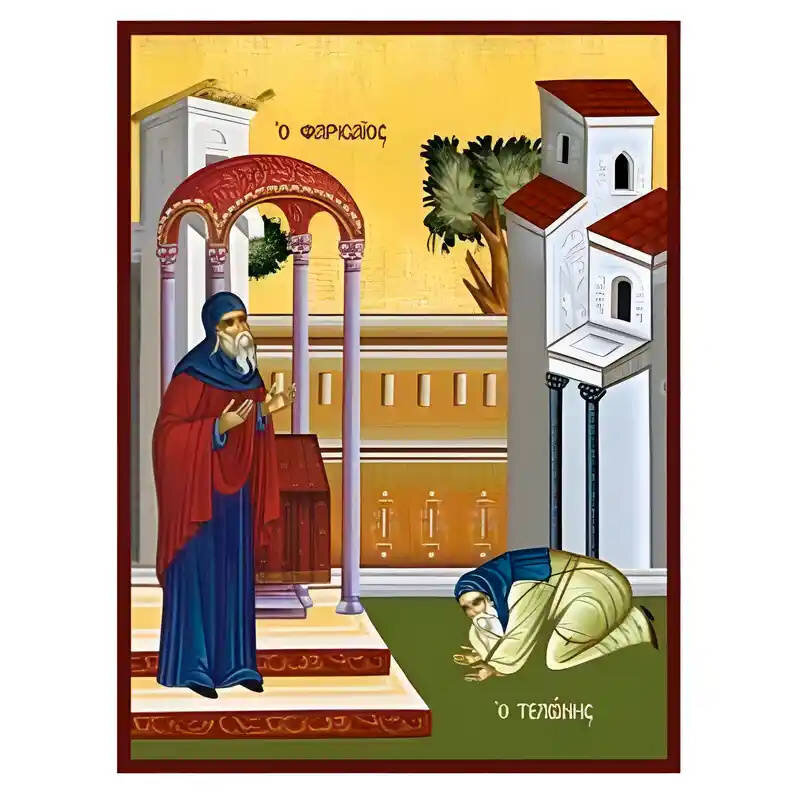 Εικόνα Ορθοδοξίας με περίγραμμα χρυσό σε ξύλο Φλαμουρίας  με  βάση Εικόνα Παραβολή του Τελώνη και του Φαρισαίου Χειροποίητη Ελληνορθόδοξη , Κρεμαστή πλάκα βυζαντινής τέχνης, χριστιανική τέχνη Διάσταση 45x35 cm (17,7 x 13,8 ίντσες) INTRAEK-6294670960