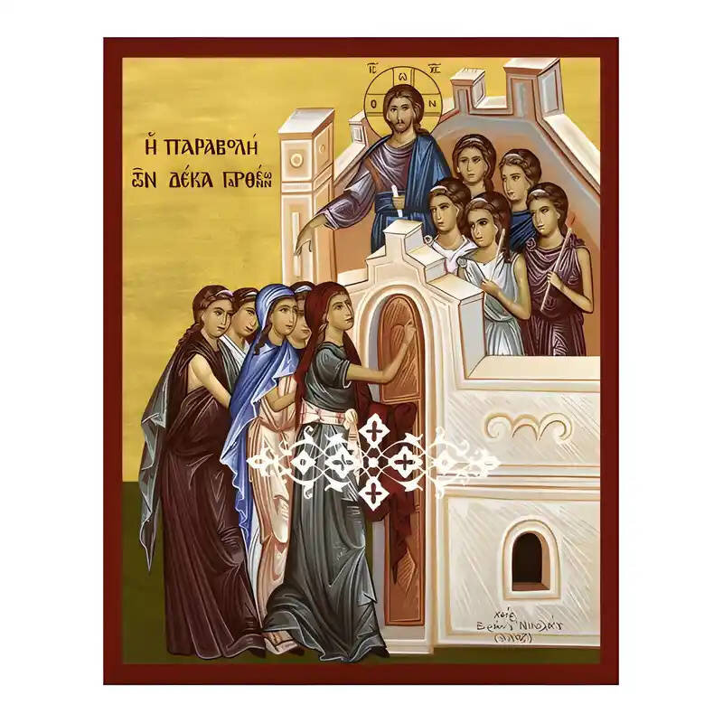 Εικόνα Ορθοδοξίας με περίγραμμα χρυσό σε ξύλο Φλαμουρίας  με  βάση Εικόνα Παραβολή των δέκα Παρθένων Χειροποίητη Ελληνορθόδοξη , Κρεμαστή πλάκα βυζαντινής τέχνης, χριστιανική τέχνη Διάσταση 45x35 cm (17,7 x 13,8 ίντσες) INTRAEK-6294670959