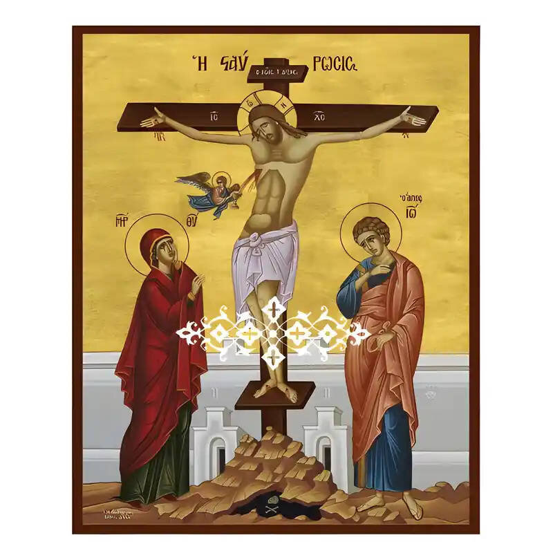 Εικόνα Ορθοδοξίας με περίγραμμα χρυσό σε ξύλο Φλαμουρίας  με  βάση Εικόνα Σταύρωση του Χριστού Χειροποίητη Ελληνορθόδοξη , Κρεμαστή πλάκα βυζαντινής τέχνης, χριστιανική τέχνη Διάσταση 45x35 cm (17,7 x 13,8 ίντσες) INTRAEK-6294670796