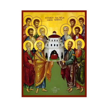Εικόνα Ορθοδοξίας με περίγραμμα χρυσό σε ξύλο Φλαμουρίας  με  βάση Εικόνα Σύναξη Αγίων δώδεκα Αποστόλων Χειροποίητη Ελληνορθόδοξη , Κρεμαστή πλάκα βυζαντινής τέχνης, χριστιανική τέχνη Διάσταση 45x35 cm (17,7 x 13,8 ίντσες) INTRAEK-6294670935 - Image 1