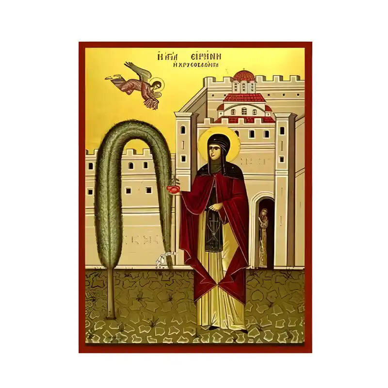 Εικόνα Ορθοδοξίας με περίγραμμα χρυσό σε ξύλο Φλαμουρίας  με  βάση Εικόνα Αγία Ειρήνη Χρυσοβαλάντου Χειροποίητη Ελληνορθόδοξη , Κρεμαστή πλάκα βυζαντινής τέχνης, χριστιανική τέχνη Διάσταση 45x35 cm (17,7 x 13,8 ίντσες) INTRAEK-6294670647