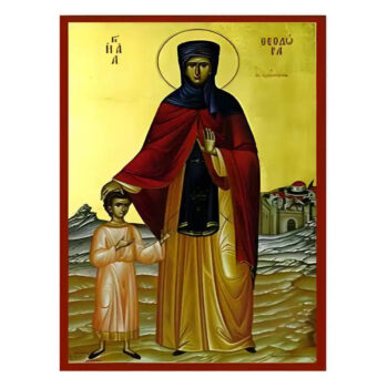 Εικόνα Ορθοδοξίας με περίγραμμα χρυσό σε ξύλο Φλαμουρίας  με  βάση Εικόνα Αγία Θεοδώρα Αλεξανδρείας Χειροποίητη Ελληνορθόδοξη , Κρεμαστή πλάκα βυζαντινής τέχνης, χριστιανική τέχνη Διάσταση 45x35 cm (17,7 x 13,8 ίντσες) INTRAEK-6294670618 - Image 1