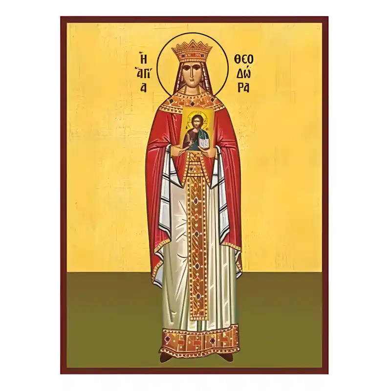 Εικόνα Ορθοδοξίας με περίγραμμα χρυσό σε ξύλο Φλαμουρίας  με  βάση Εικόνα Αγία Θεοδώρα η Αυγούστα Χειροποίητη Ελληνορθόδοξη , Κρεμαστή πλάκα βυζαντινής τέχνης, χριστιανική τέχνη Διάσταση 45x35 cm (17,7 x 13,8 ίντσες) INTRAEK-6294670613