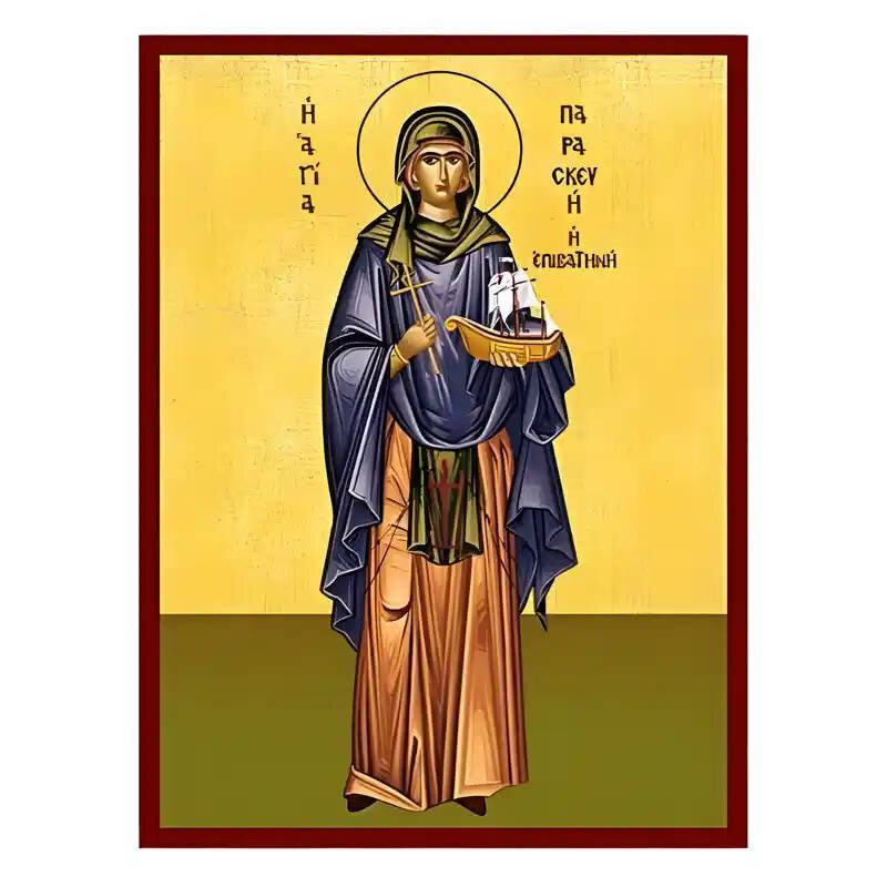 Εικόνα Ορθοδοξίας με περίγραμμα χρυσό σε ξύλο Φλαμουρίας  με  βάση Εικόνα Αγία Παρασκευή Επιβατηνή Χειροποίητη Ελληνορθόδοξη , Κρεμαστή πλάκα βυζαντινής τέχνης, χριστιανική τέχνη Διάσταση 45x35 cm (17,7 x 13,8 ίντσες) INTRAEK-6294670539