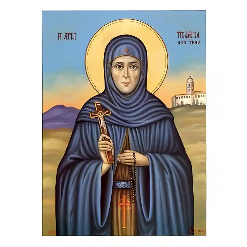 Εικόνα Ορθοδοξίας με περίγραμμα χρυσό σε ξύλο Φλαμουρίας  με  βάση Εικόνα Αγία Πελαγία Τηνία Χειροποίητη Ελληνορθόδοξη , Κρεμαστή πλάκα βυζαντινής τέχνης, χριστιανική τέχνη Διάσταση 45x35 cm (17,7 x 13,8 ίντσες) INTRAEK-6294670536