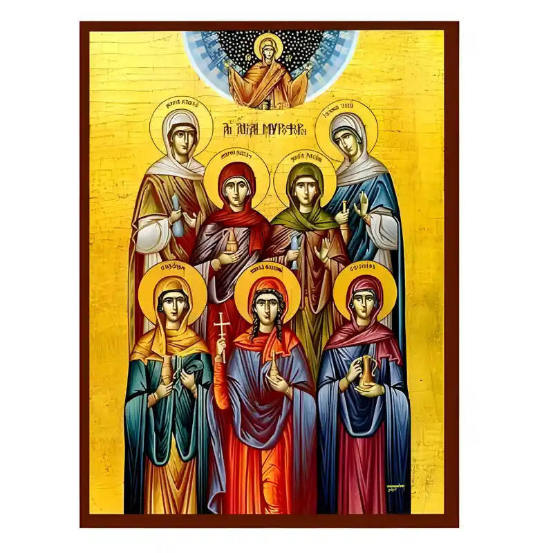 Εικόνα Ορθοδοξίας με περίγραμμα χρυσό σε ξύλο Φλαμουρίας  με  βάση Εικόνα Αγίες Μυροφόροι Χειροποίητη Ελληνορθόδοξη , Κρεμαστή πλάκα βυζαντινής τέχνης, χριστιανική τέχνη Διάσταση 45x35 cm (17,7 x 13,8 ίντσες) INTRAEK-6294670504