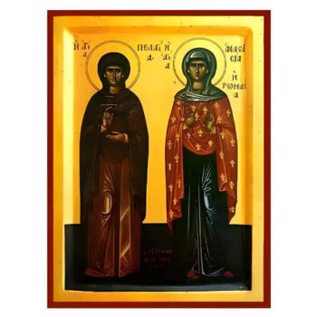 Εικόνα Ορθοδοξίας με περίγραμμα χρυσό σε ξύλο Φλαμουρίας  με  βάση Εικόνα Αγίες Πελαγία και Αναστασία Χειροποίητη Ελληνορθόδοξη , Κρεμαστή πλάκα βυζαντινής τέχνης, χριστιανική τέχνη Διάσταση 45x35 cm (17,7 x 13,8 ίντσες) INTRAEK-6294670503 - Image 1