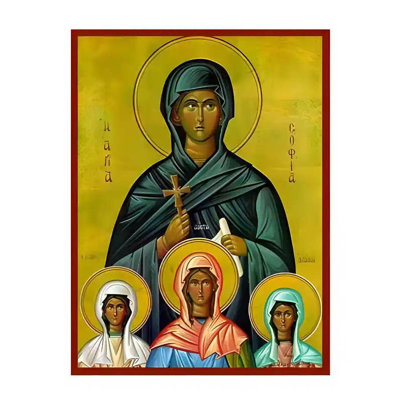 Εικόνα Ορθοδοξίας με περίγραμμα χρυσό σε ξύλο Φλαμουρίας  με  βάση Εικόνα Αγίες Σοφία και Θυγατέρες, Πίστις, Ελπίς και Αγάπη Χειροποίητη Ελληνορθόδοξη , Κρεμαστή πλάκα βυζαντινής τέχνης, χριστιανική τέχνη Διάσταση 45x35 cm (17,7 x 13,8 ίντσες) INTRAEK-6294670501