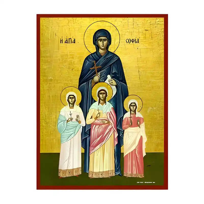 Εικόνα Ορθοδοξίας με περίγραμμα χρυσό σε ξύλο Φλαμουρίας  με  βάση Εικόνα Αγίες Σοφία και Θυγατέρες, Πίστις, Ελπίς και Αγάπη Χειροποίητη Ελληνορθόδοξη , Κρεμαστή πλάκα βυζαντινής τέχνης, χριστιανική τέχνη Διάσταση 45x35 cm (17,7 x 13,8 ίντσες) INTRAEK-6294670500