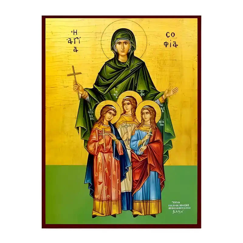 Εικόνα Ορθοδοξίας με περίγραμμα χρυσό σε ξύλο Φλαμουρίας  με  βάση Εικόνα Αγίες Σοφία και Θυγατέρες, Πίστις, Ελπίς και Αγάπη Χειροποίητη Ελληνορθόδοξη , Κρεμαστή πλάκα βυζαντινής τέχνης, χριστιανική τέχνη Διάσταση 45x35 cm (17,7 x 13,8 ίντσες) INTRAEK-6294670499