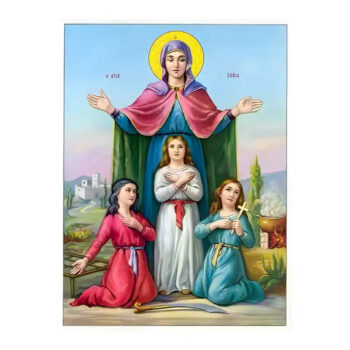 Εικόνα Ορθοδοξίας με περίγραμμα χρυσό σε ξύλο Φλαμουρίας  με  βάση Εικόνα Αγίες Σοφία και Θυγατέρες, Πίστις, Ελπίς και Αγάπη Χειροποίητη Ελληνορθόδοξη , Κρεμαστή πλάκα βυζαντινής τέχνης, χριστιανική τέχνη Διάσταση 45x35 cm (17,7 x 13,8 ίντσες) INTRAEK-6294670498 - Image 1