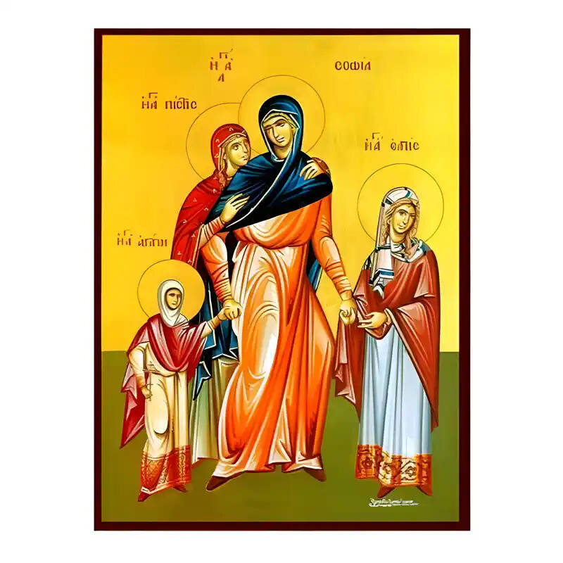 Εικόνα Ορθοδοξίας με περίγραμμα χρυσό σε ξύλο Φλαμουρίας  με  βάση Εικόνα Αγίες Σοφία και Θυγατέρες, Πίστις, Ελπίς και Αγάπη Χειροποίητη Ελληνορθόδοξη , Κρεμαστή πλάκα βυζαντινής τέχνης, χριστιανική τέχνη Διάσταση 45x35 cm (17,7 x 13,8 ίντσες) INTRAEK-6294670497