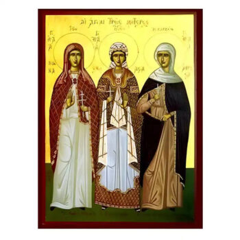 Εικόνα Ορθοδοξίας με περίγραμμα χρυσό σε ξύλο Φλαμουρίας  με  βάση Εικόνα Αγίες Τρεις Μητέρες, Νόννα, Εμμελεία, Ανθούσα Χειροποίητη Ελληνορθόδοξη , Κρεμαστή πλάκα βυζαντινής τέχνης, χριστιανική τέχνη Διάσταση 45x35 cm (17,7 x 13,8 ίντσες) INTRAEK-6294670494 - Image 1