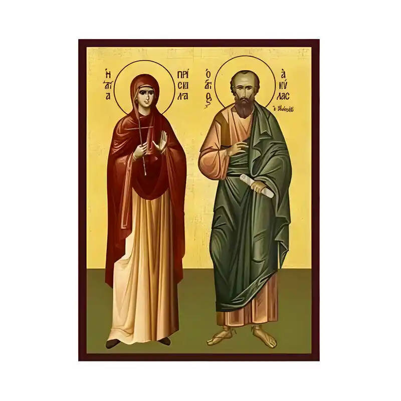 Εικόνα Ορθοδοξίας με περίγραμμα χρυσό σε ξύλο Φλαμουρίας  με  βάση Εικόνα Άγιος Ακύλας και Αγία Πρίσκιλλα Χειροποίητη Ελληνορθόδοξη , Κρεμαστή πλάκα βυζαντινής τέχνης, χριστιανική τέχνη Διάσταση 45x35 cm (17,7 x 13,8 ίντσες) INTRAEK-6294670467