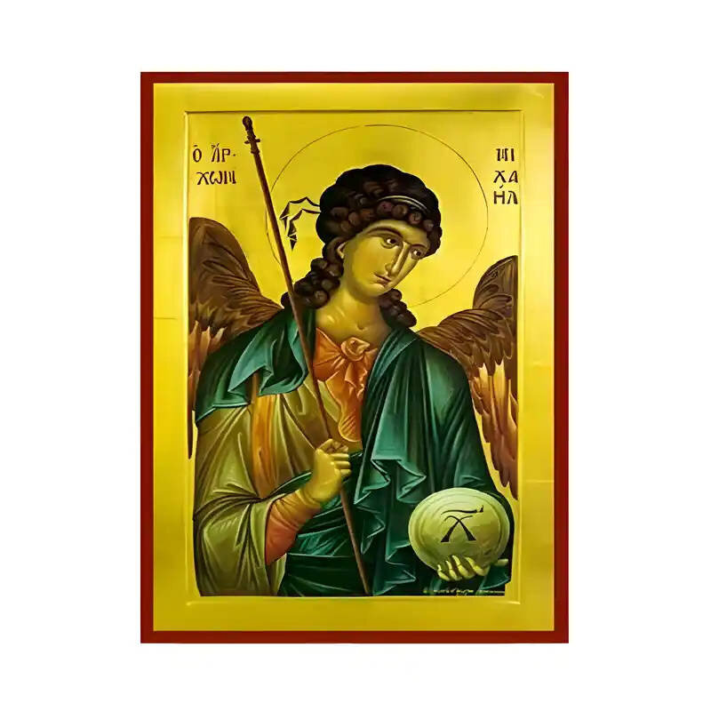 Εικόνα Ορθοδοξίας με περίγραμμα χρυσό σε ξύλο Φλαμουρίας  με  βάση Εικόνα Αρχάγγελος Μιχαήλ Χειροποίητη Ελληνορθόδοξη , Κρεμαστή πλάκα βυζαντινής τέχνης, χριστιανική τέχνη Διάσταση 45x35 cm (17,7 x 13,8 ίντσες) INTRAEK-6294670424