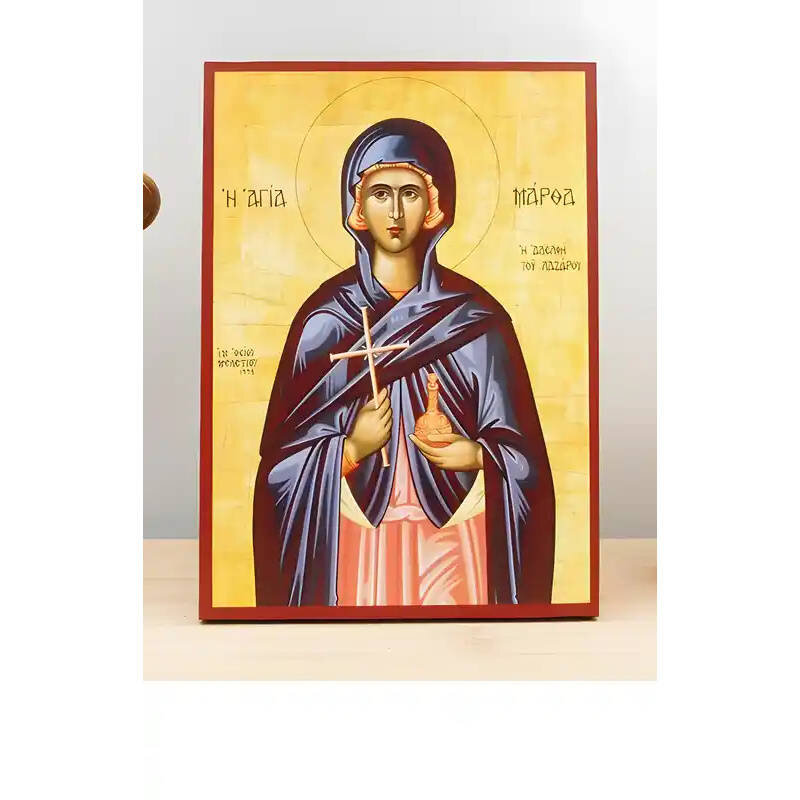 Εικόνα Ορθοδοξίας με περίγραμμα χρυσό σε ξύλο Φλαμουρίας  με  βάση Η Αγία Μάρθα της Βηθανίας, αδελφή του Λαζάρου, Ξύλινη Χειροποίητη Εικόνα Ελληνικής Κορυφαίας Βυζαντινής Στυλ Κρεμασμένη σε ξύλινη πλάκα Θρησκευτικό Χειροποίητη Ελληνορθόδοξη εικόνα του Ιησού Χριστού, Κρεμαστή πλάκα βυζαντινής τέχνης, χριστιανική τέχνη Διάσταση 10x7 cm (3,9 x 2,8 ίντσες)  INTRAEK-11233