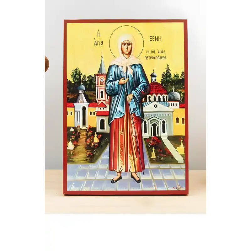 Εικόνα Ορθοδοξίας με περίγραμμα χρυσό σε ξύλο Φλαμουρίας  με  βάση Αγία Ξένια της Αγίας Πετρούπολης "ανόητη για τον Χριστό", Ξύλινη Χειροποίητη Εικόνα Ελληνικού Premium Βυζαντινού Στυλ τοίχου Κρεμασμένη σε Ξύλινη Πλάκα Θρησκευτικά Χειροποίητη Ελληνορθόδοξη εικόνα του Ιησού Χριστού, Κρεμαστή πλάκα βυζαντινής τέχνης, χριστιανική τέχνη Διάσταση 10x7 cm (3,9 x 2,8 ίντσες)  INTRAEK-11230