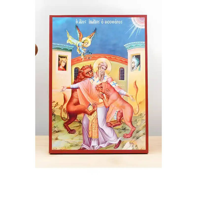 Εικόνα Ορθοδοξίας με περίγραμμα χρυσό σε ξύλο Φλαμουρίας  με  βάση Το μαρτύριο του Αγίου Ιγνατίου Αντιοχείας, Ξύλινη Χειροποίητη Εικόνα Ελληνικής Premium Βυζαντινής Στυλ Κρεμαστή σε ξύλινη πλάκα Θρησκευτικό θέμα Χειροποίητη Ελληνορθόδοξη εικόνα του Ιησού Χριστού, Κρεμαστή πλάκα βυζαντινής τέχνης, χριστιανική τέχνη Διάσταση 10x7 cm (3,9 x 2,8 ίντσες)  INTRAEK-11221