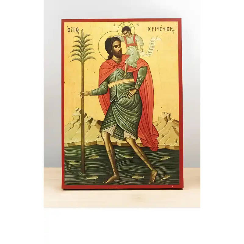 Εικόνα Ορθοδοξίας με περίγραμμα χρυσό σε ξύλο Φλαμουρίας  με  βάση Άγιος Χριστόφορος με τον Ιησού Χριστό, Ξύλινη Χειροποίητη Εικόνα Ελληνικού Premium Βυζαντινού Στυλ Κρεμασμένο σε ξύλινη πλάκα Θρησκευτικό θέμα Χειροποίητη Ελληνορθόδοξη εικόνα του Ιησού Χριστού, Κρεμαστή πλάκα βυζαντινής τέχνης, χριστιανική τέχνη Διάσταση 10x7 cm (3,9 x 2,8 ίντσες)  INTRAEK-11220
