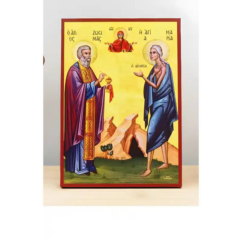 Εικόνα Ορθοδοξίας με περίγραμμα χρυσό σε ξύλο Φλαμουρίας  με  βάση Οι Άγιοι Ζωσιμάς και η Αγία Μαρία της Αιγύπτου με την Παναγία, Ξύλινη Χειροποίητη Εικόνα Ελληνικού Premium Βυζαντινού Στυλ Κρεμασμένη σε Ξυλόπλακα Χειροποίητη Ελληνορθόδοξη εικόνα του Ιησού Χριστού, Κρεμαστή πλάκα βυζαντινής τέχνης, χριστιανική τέχνη Διάσταση 10x7 cm (3,9 x 2,8 ίντσες)  INTRAEK-11216